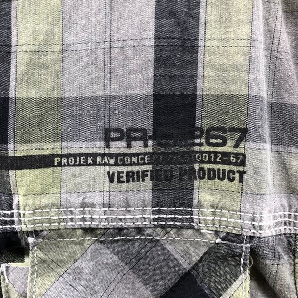 Projek Raw Gray Yellow Plaid Button Up Shirt Mens Medium M Short Sleeve - Picture 12 of 12
